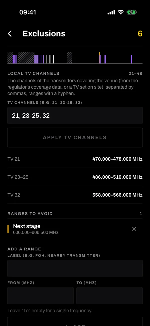 Invecter HF exclusions screen with local TV channels and a manual range to avoid